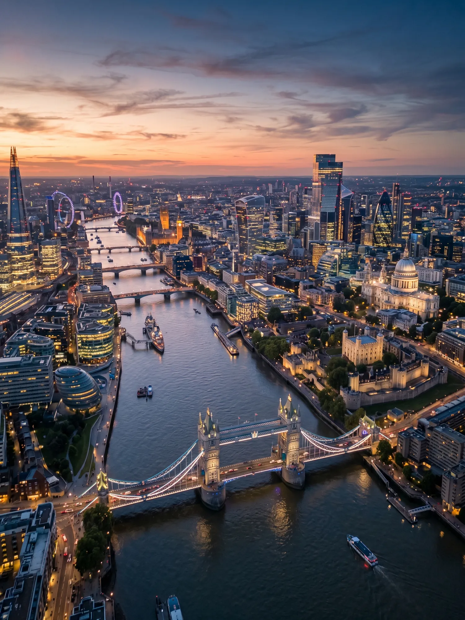 Panoramic aerial view of London skyline at golden hour