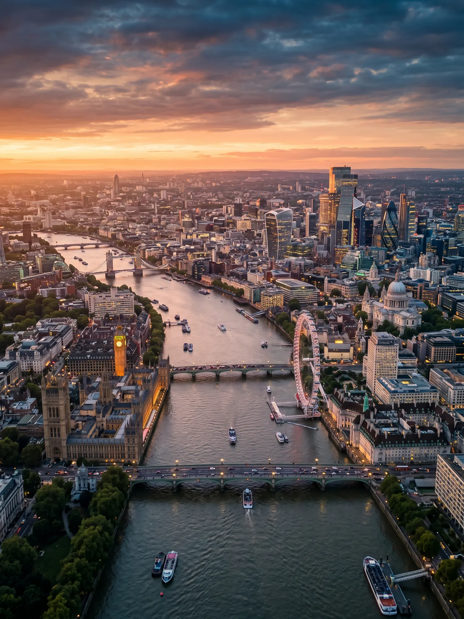 Panoramic aerial view of London skyline at golden hour