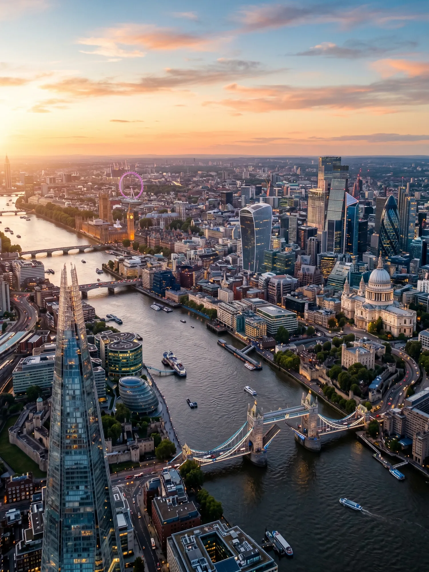 Panoramic aerial view of London skyline at golden hour