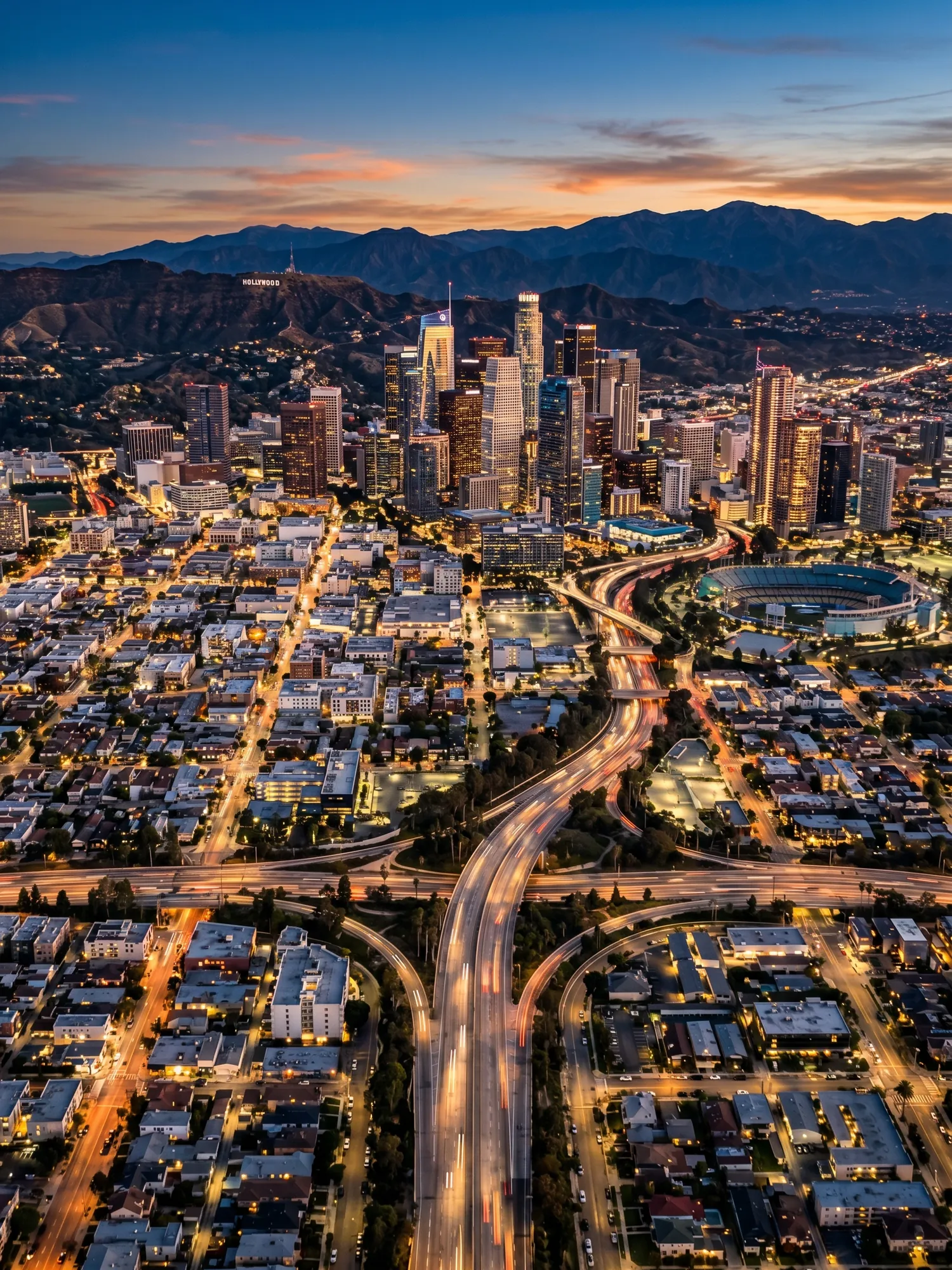Panoramic aerial view of Los Angeles skyline at golden hour