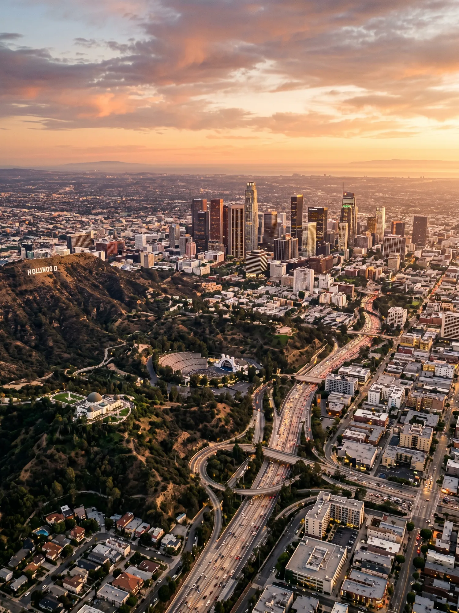 Panoramic aerial view of Los Angeles skyline at golden hour