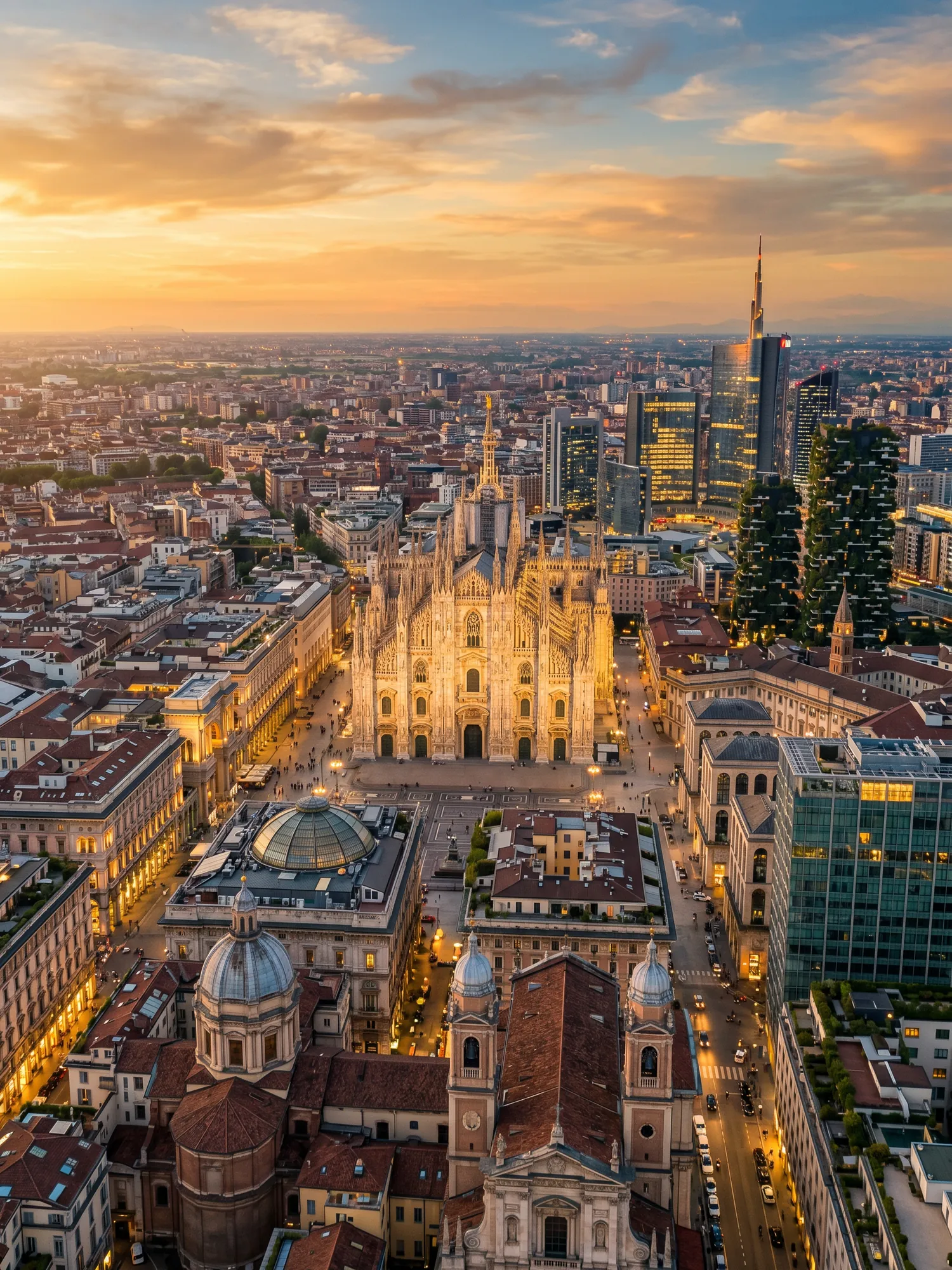 Panoramic aerial view of Milan skyline at golden hour