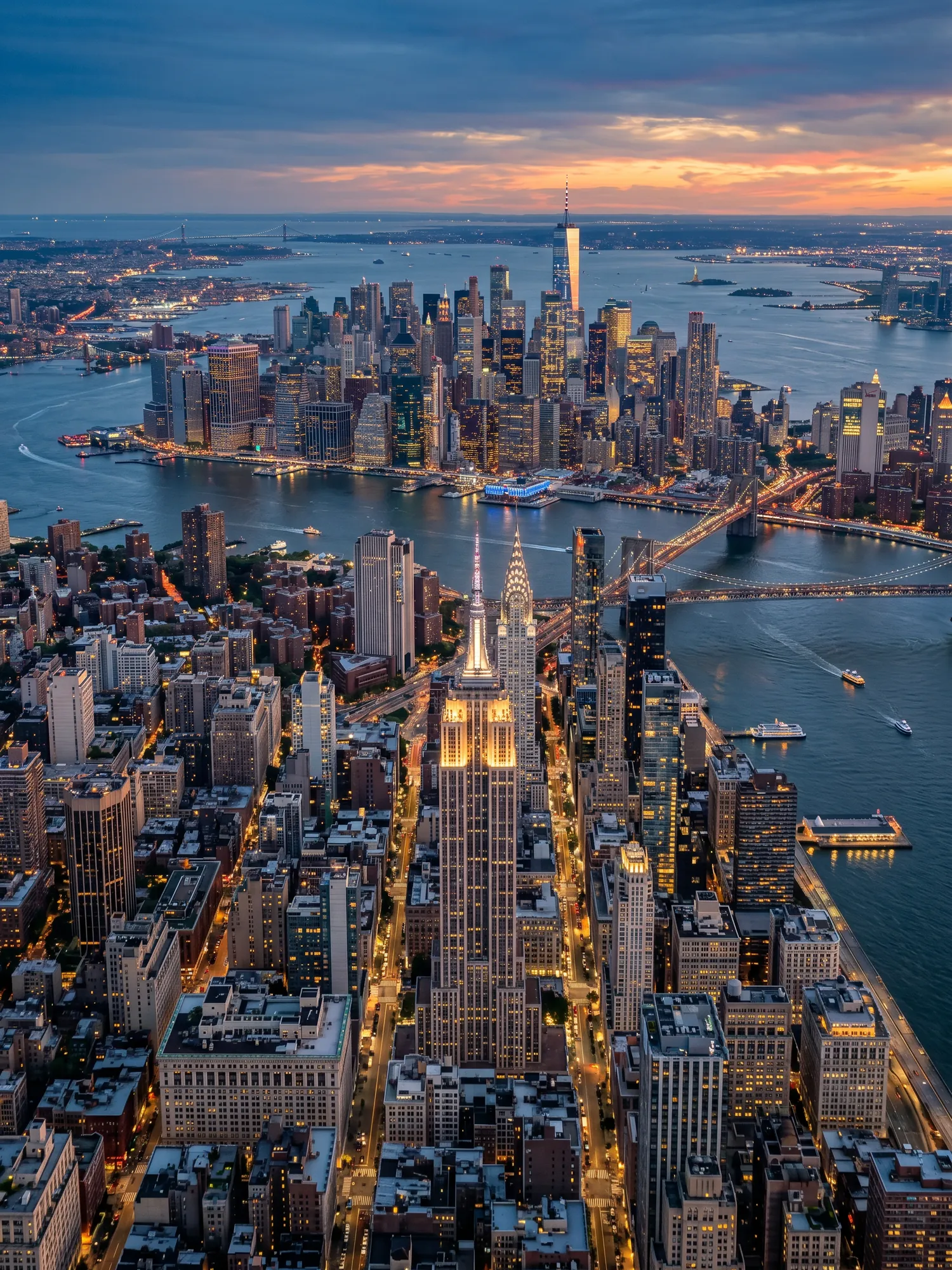 Panoramic aerial view of New York skyline at golden hour