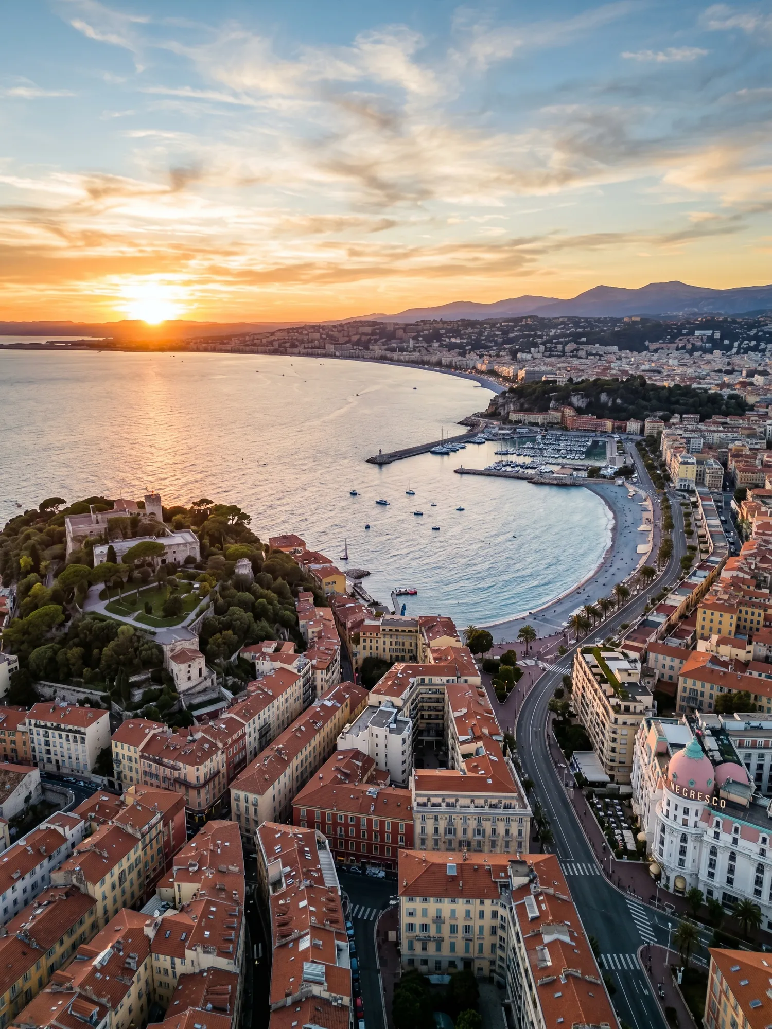 Panoramic aerial view of Nice skyline at golden hour