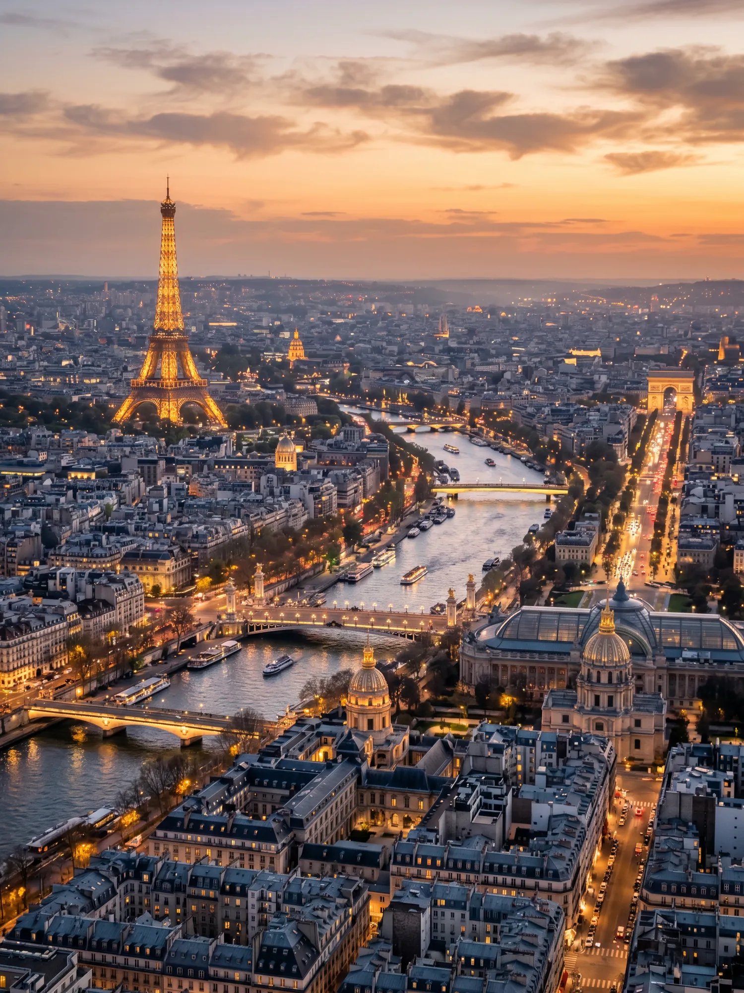 Panoramic aerial view of Paris skyline at golden hour
