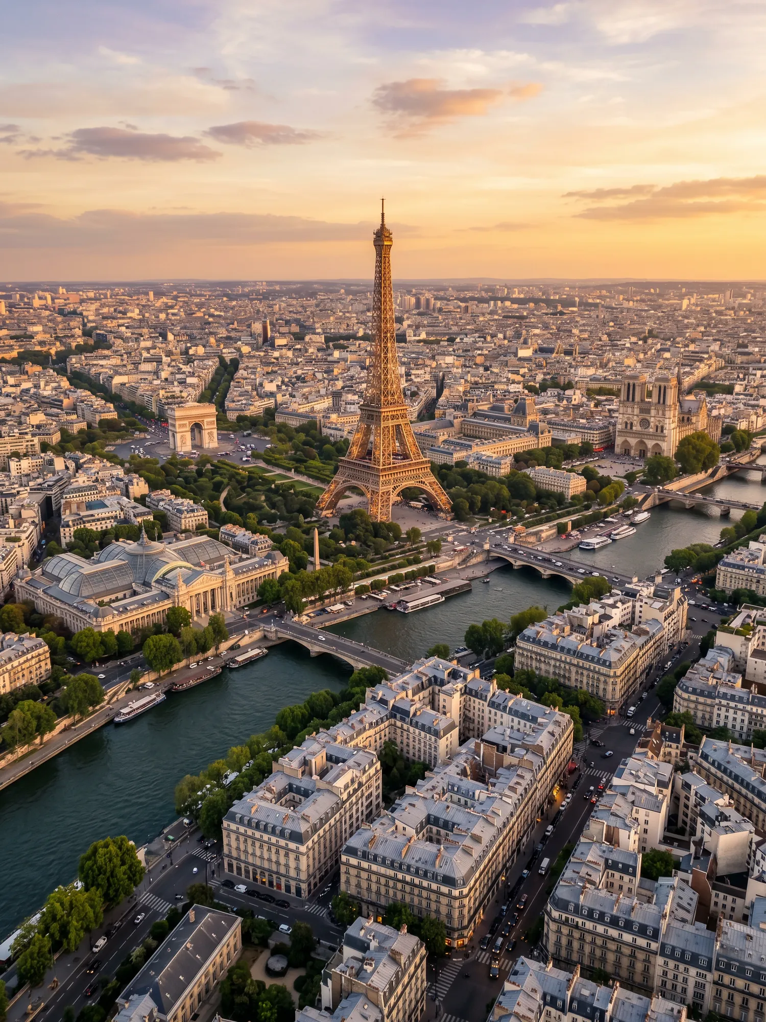 Panoramic aerial view of Paris skyline at golden hour