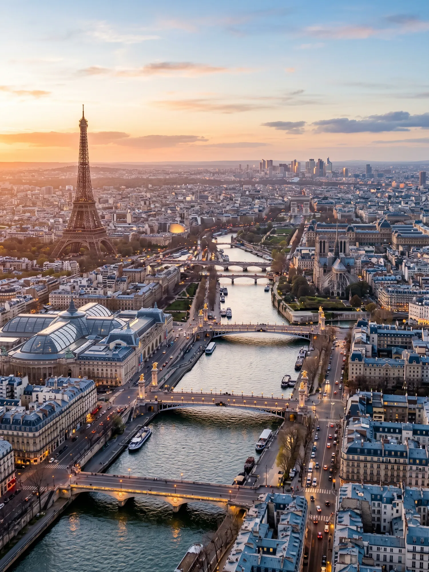 Panoramic aerial view of Paris skyline at golden hour