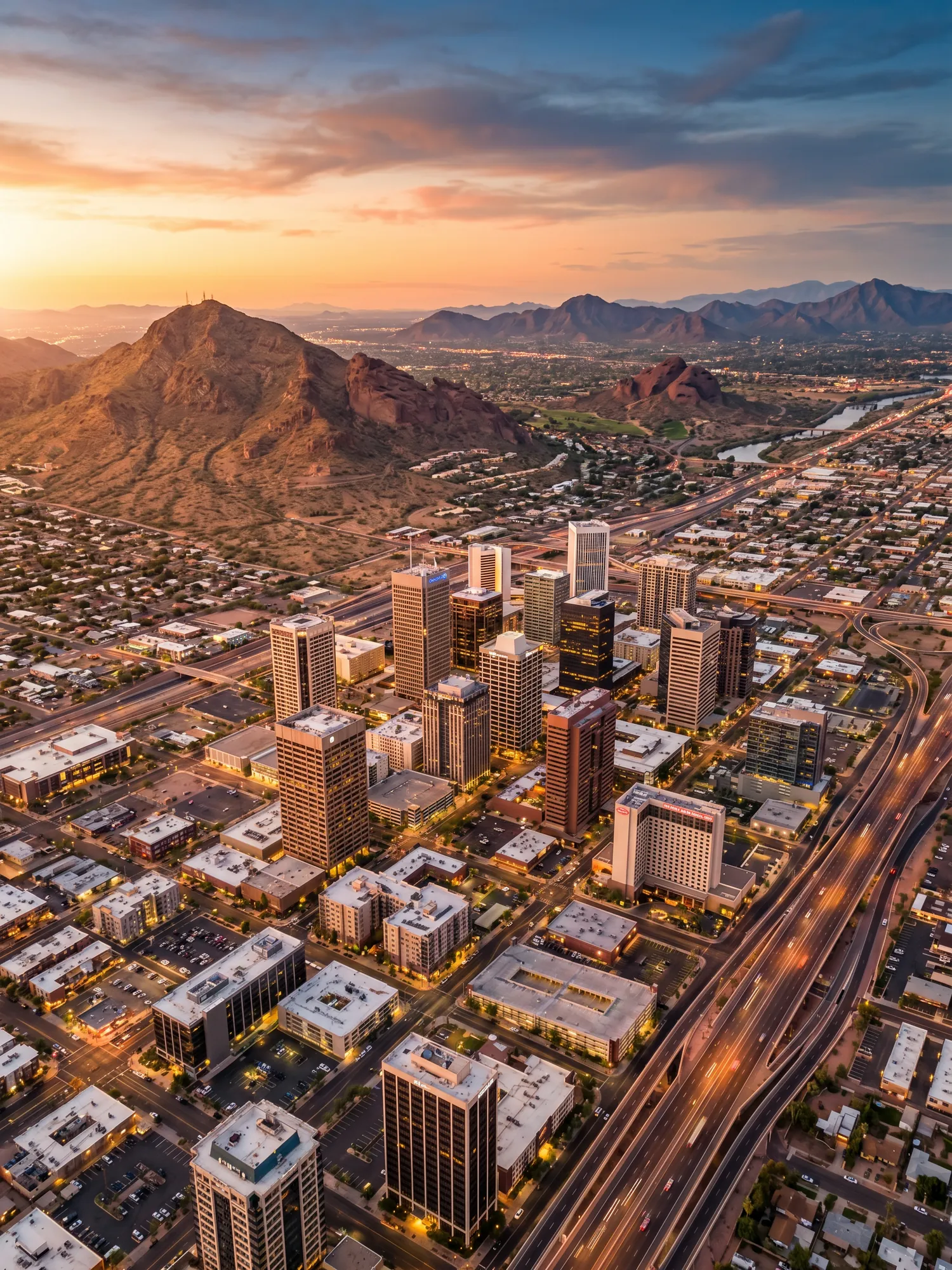 Panoramic aerial view of Phoenix skyline at golden hour