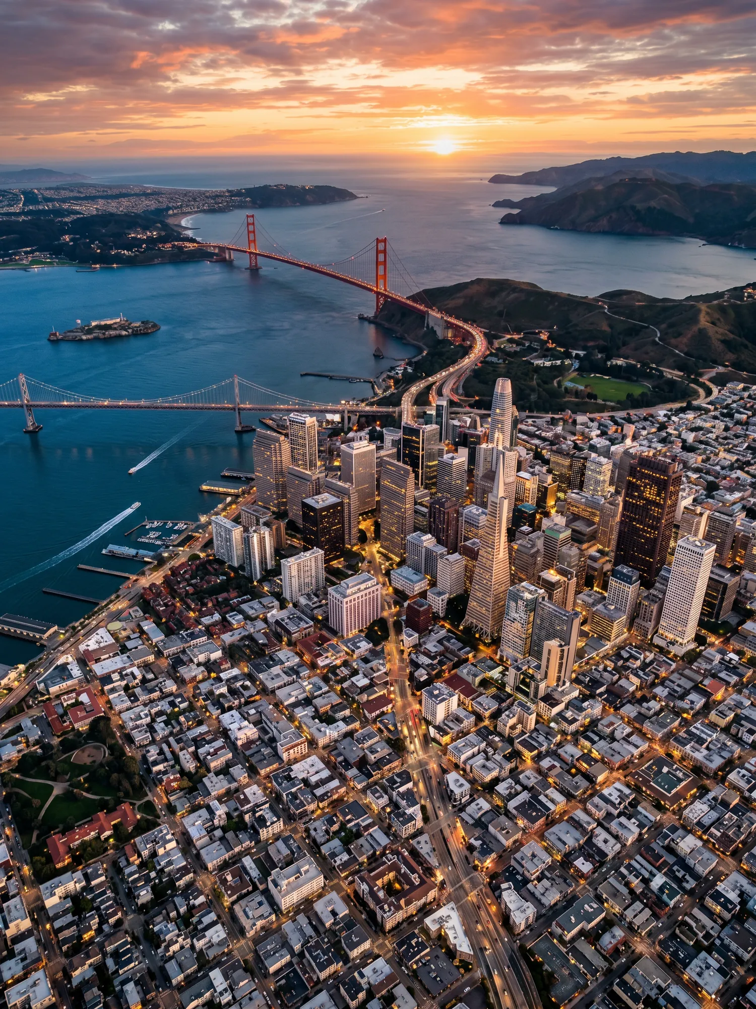 Panoramic aerial view of San Francisco skyline at golden hour