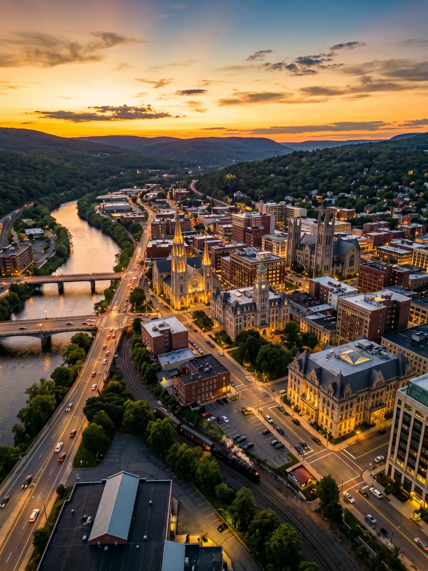 Panoramic aerial view of Scraton skyline at golden hour