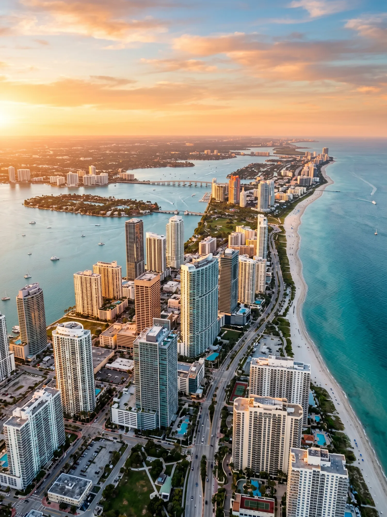 Panoramic aerial view of South Florida skyline at golden hour