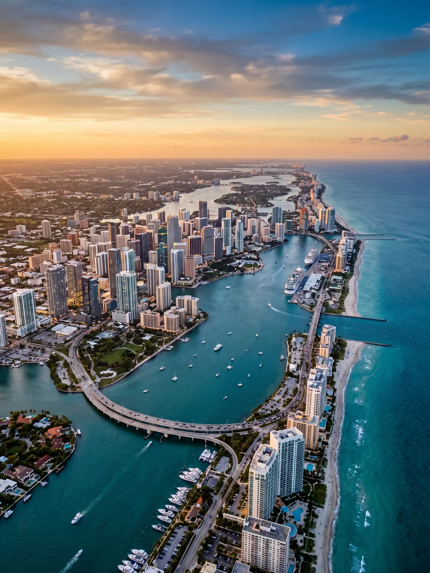 Panoramic aerial view of South Florida skyline at golden hour