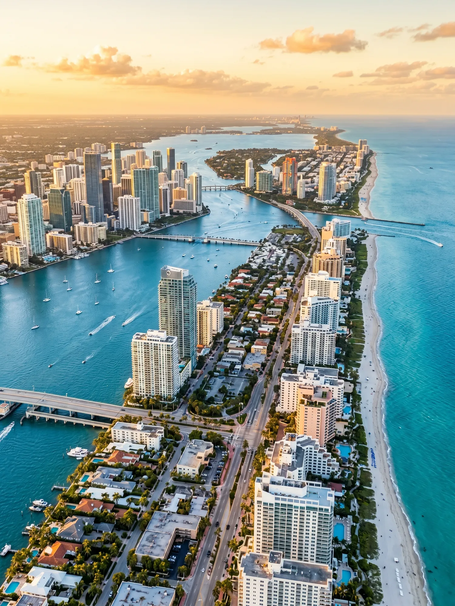 Panoramic aerial view of South Florida skyline at golden hour