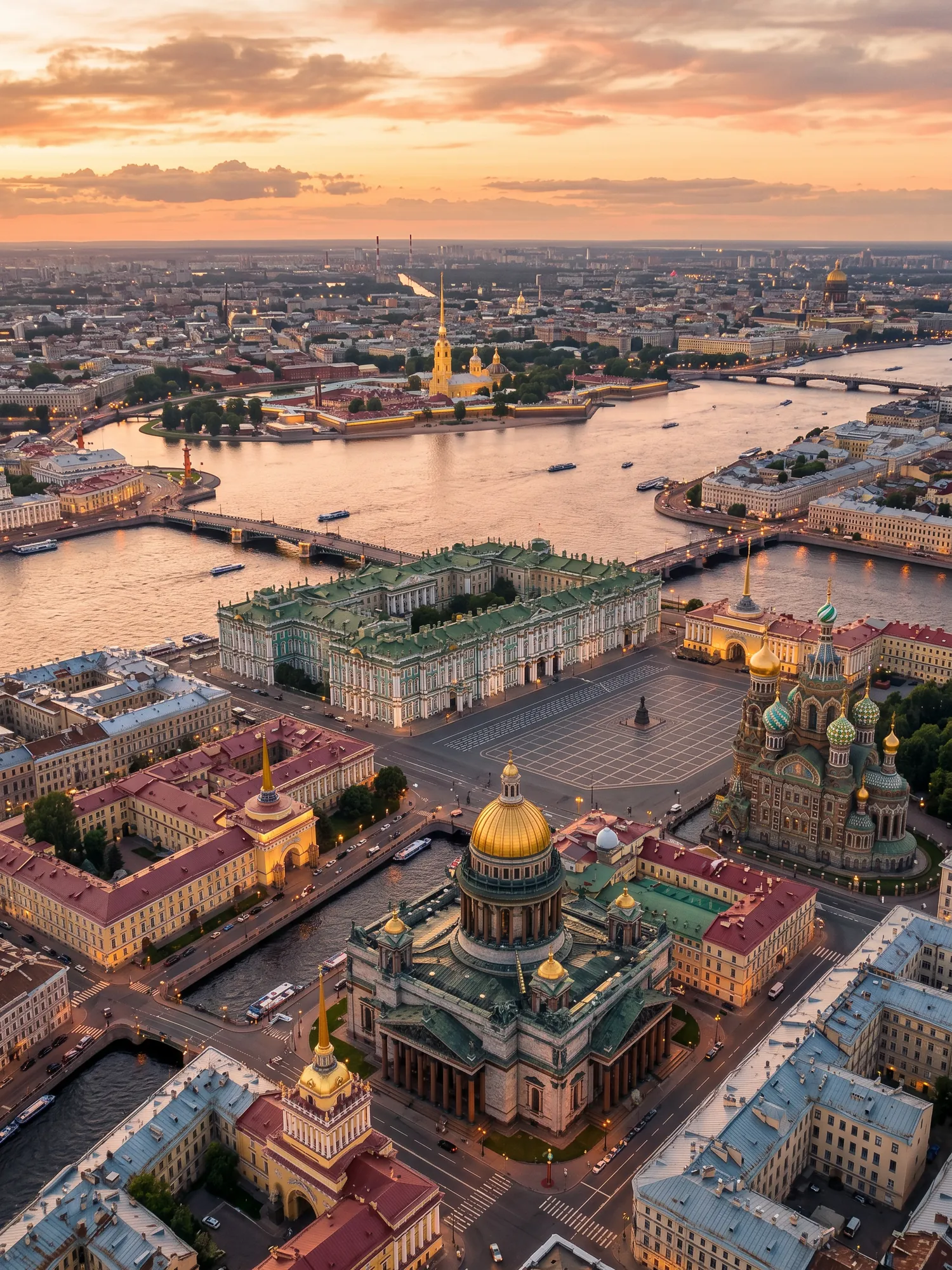 Panoramic aerial view of St. Petersburg skyline at golden hour