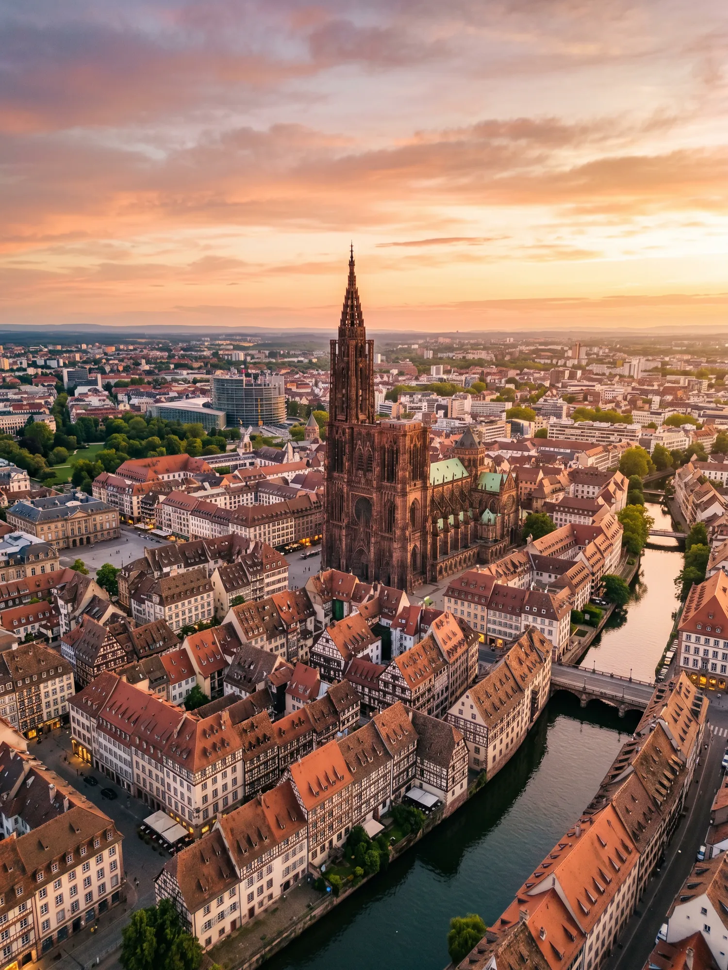 Panoramic aerial view of Strasbourg skyline at golden hour