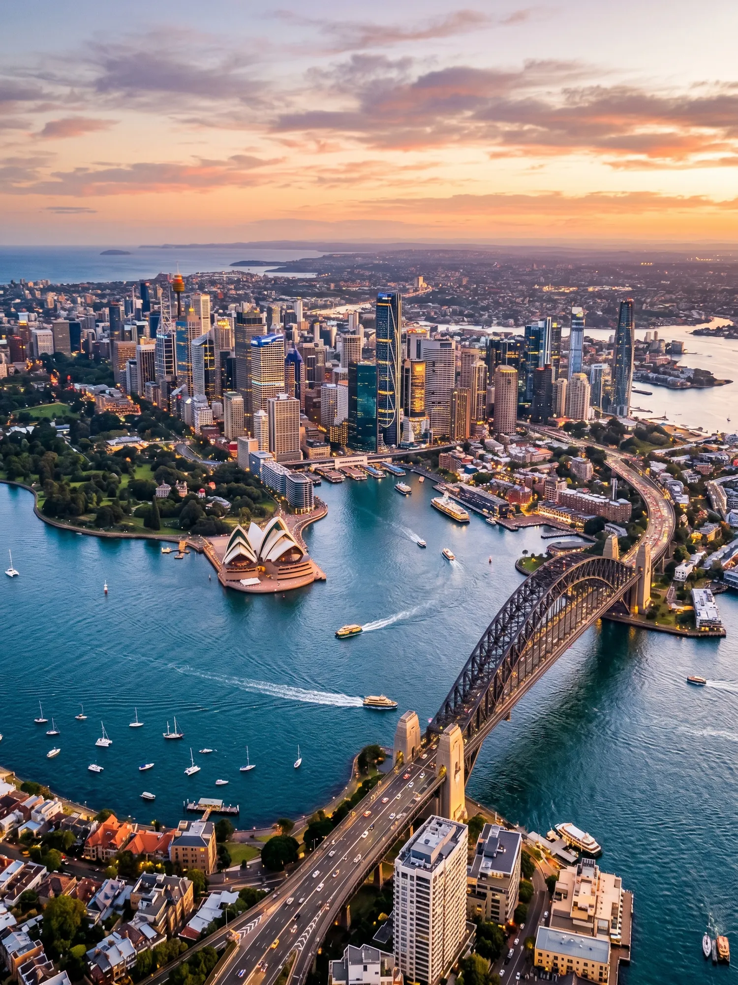 Panoramic aerial view of Sydney skyline at golden hour