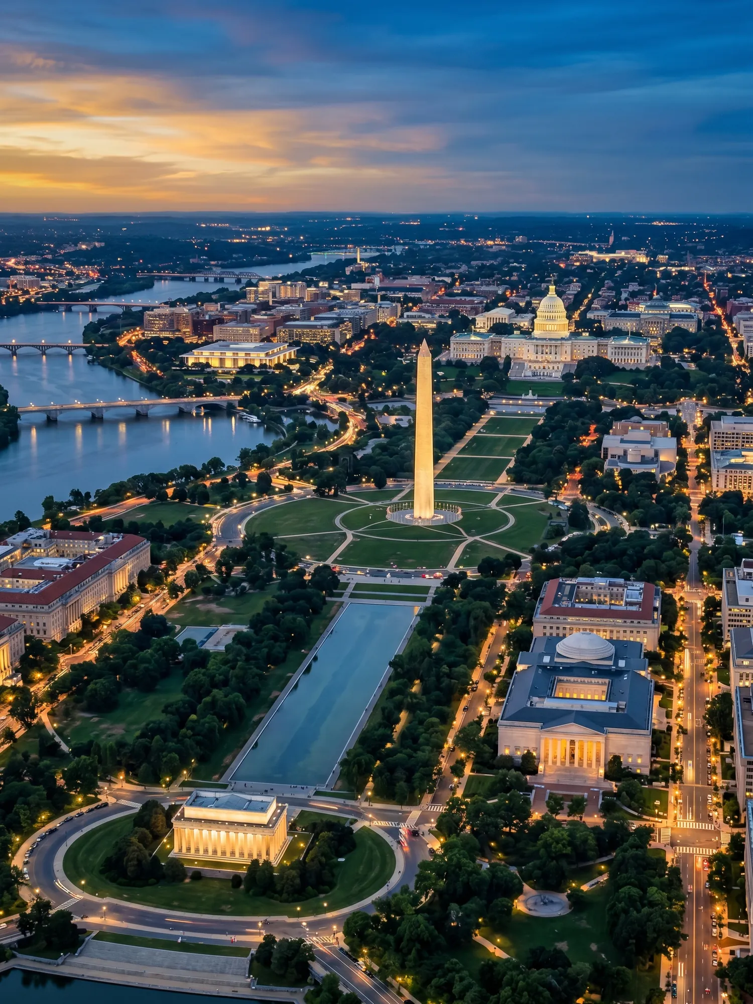 Panoramic aerial view of Washington skyline at golden hour
