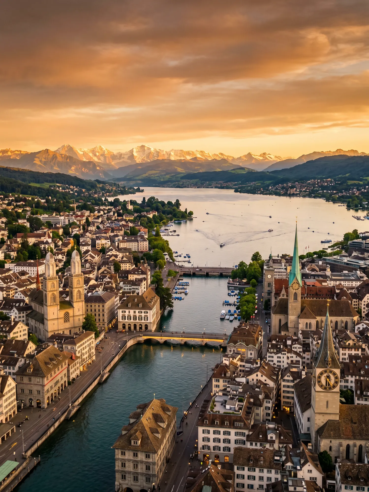 Panoramic aerial view of Zurich skyline at golden hour
