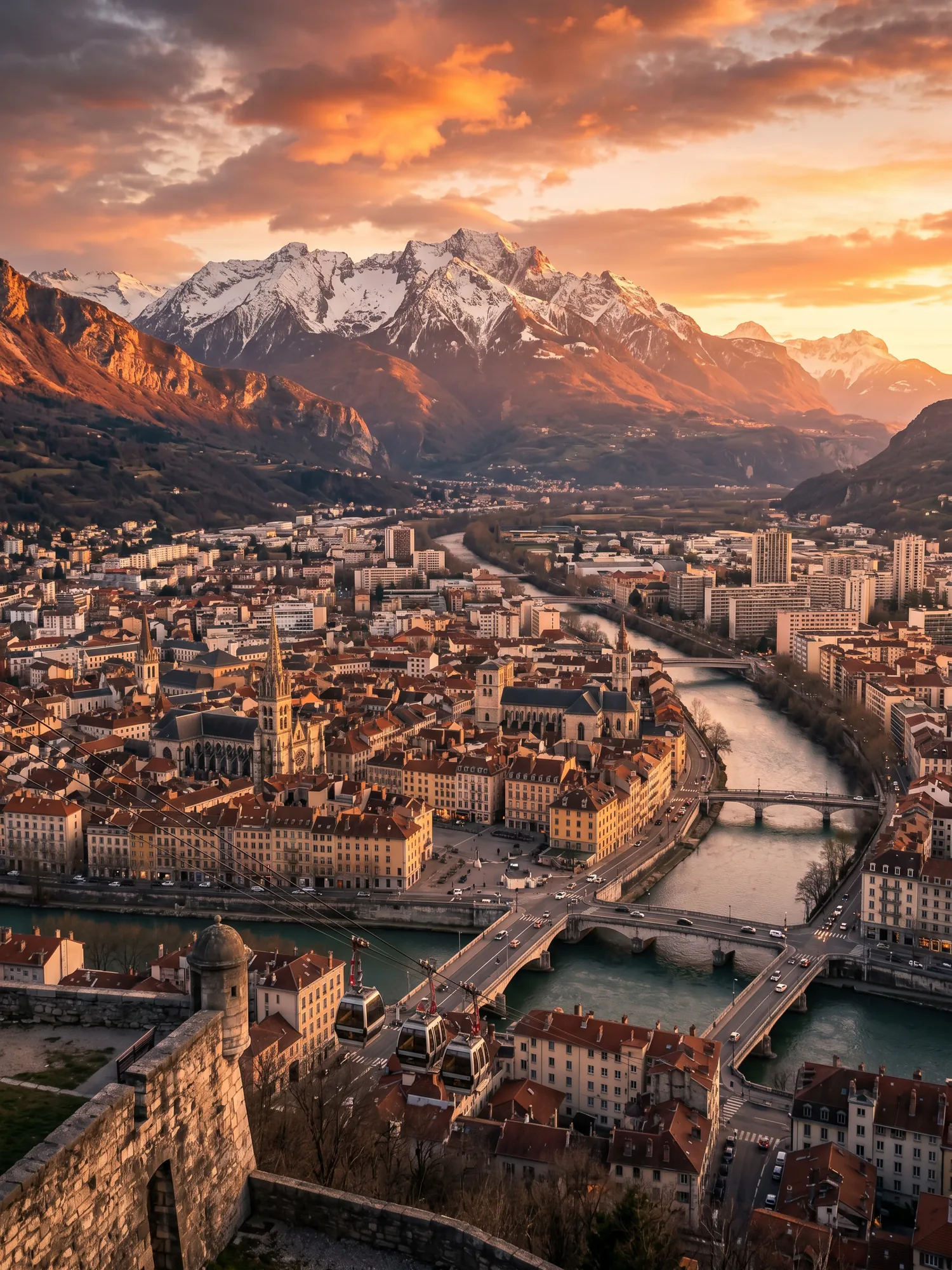 Image of Panoramic Cityscape View Of Grenoble At Sunset