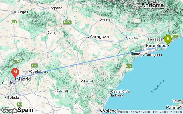 Flight path from Barcelona to Madrid