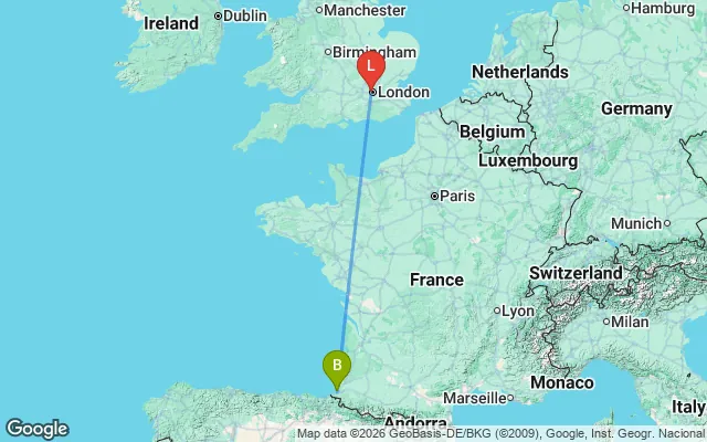 Flight path from Biarritz to London