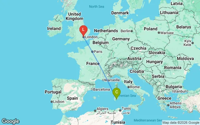 Flight path from Cagliari to London