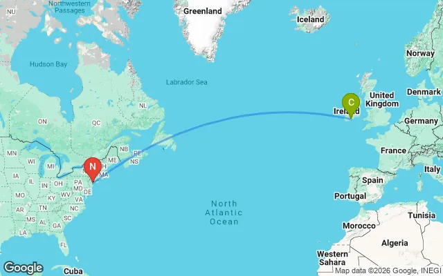 Flight path from Cork to New York