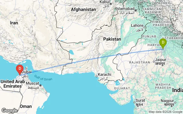 Flight path from Delhi to Dubai
