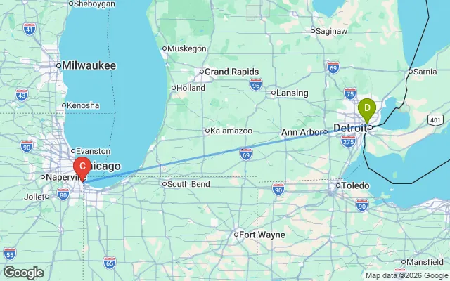 Flight path from Detroit to Chicago