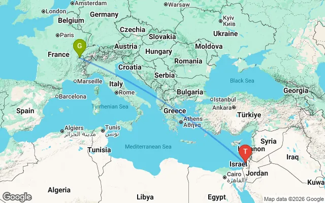 Flight path from Geneva to Tel Aviv