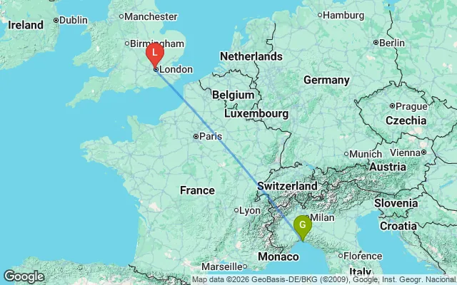 Flight path from Genoa to London