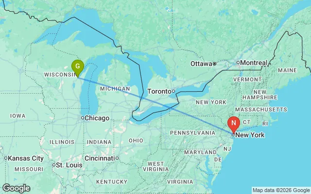 Flight path from Green Bay to New York