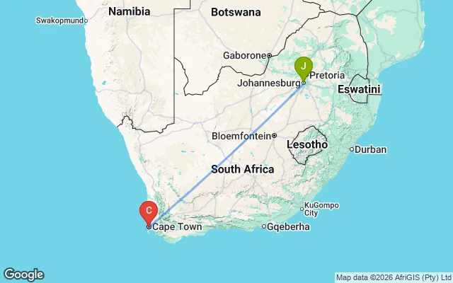 Flight path from Johannesburg to Cape Town
