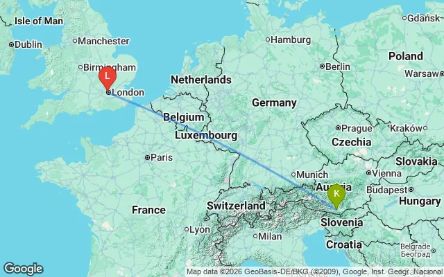 Flight path from Klagenfurt to London