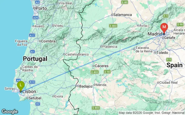 Flight path from Lisbon to Madrid