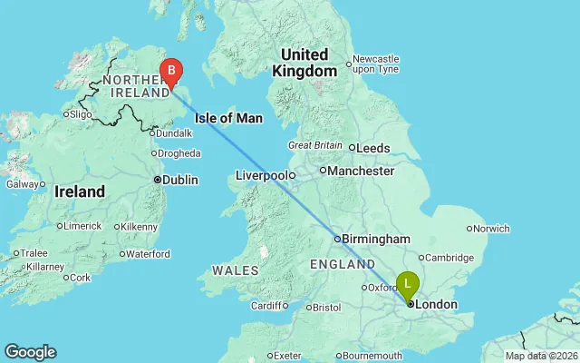 Flight path from London to Belfast