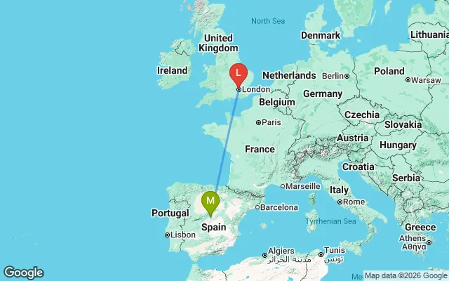 Flight path from Madrid to London