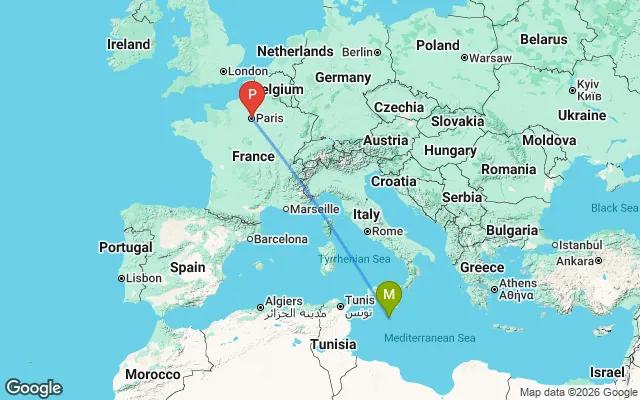Flight path from Malta to Paris