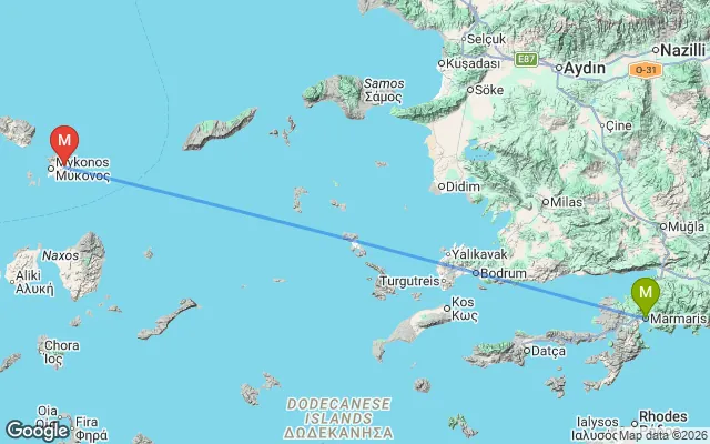 Flight path from Marmaris to Mykonos