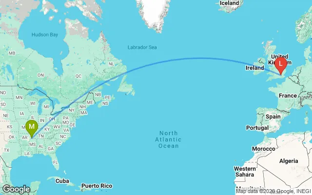 Flight path from Memphis to London