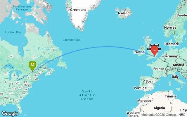Flight path from Montreal to London