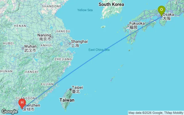 Flight path from Osaka to Hong Kong