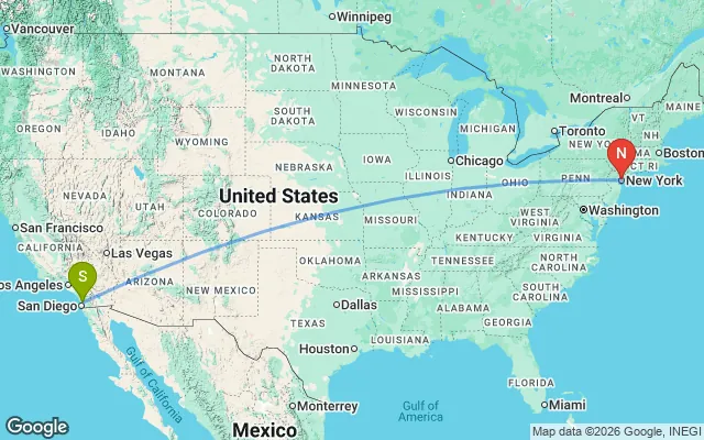 Flight path from San Diego to New York