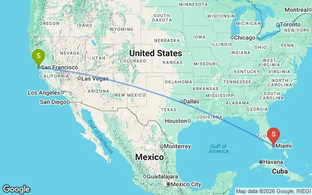 Flight path from San Francisco to South Florida