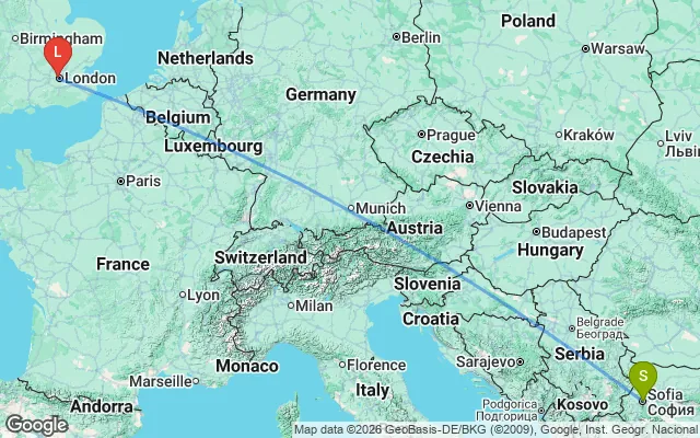 Flight path from Sofia to London