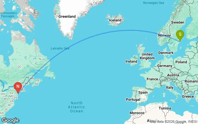 Flight path from Stockholm to New York