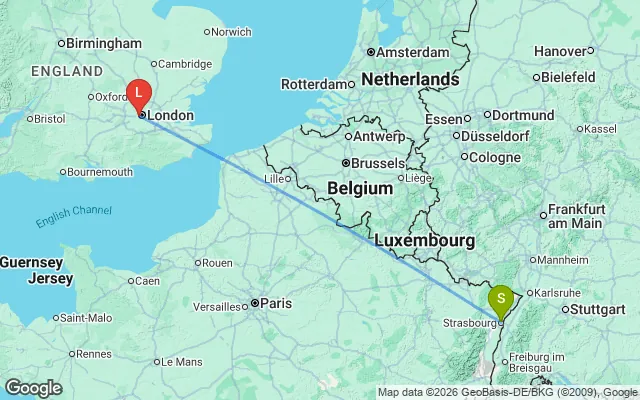 Flight path from Strasbourg to London