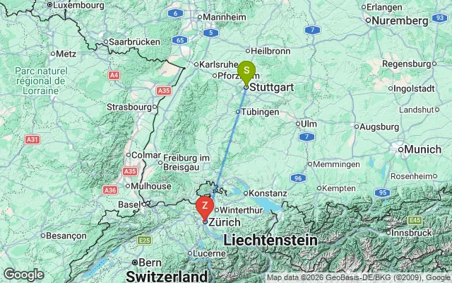 Flight path from Stuttgart to Zurich