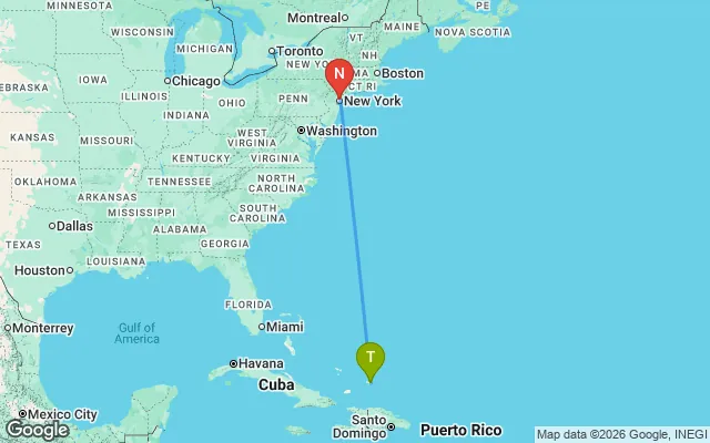 Flight path from Turks and Caicos to New York
