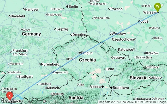 Flight path from Warsaw to Zurich